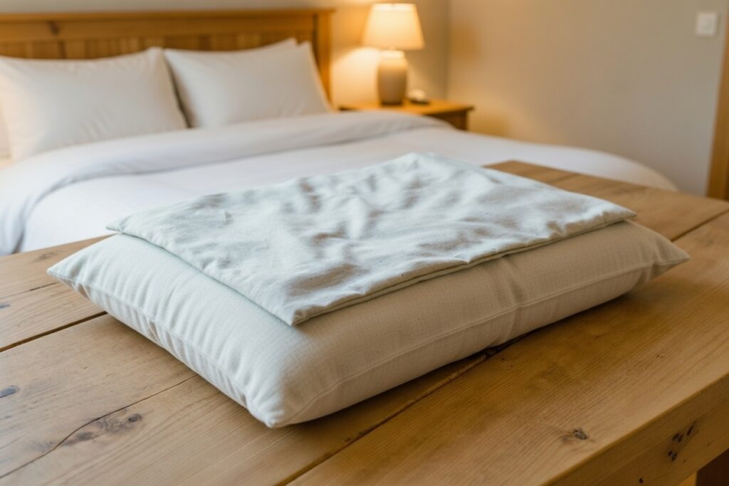 信州安曇野産のマコモと塩を合わせて作られたマコモ枕。ご自身の枕と併せて使えるよう、薄めに設計しました